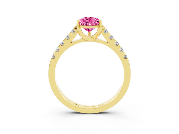 Yellow gold Pear Cut Pink Sapphire Pavé Band Solitaire Ring with Prong Setting