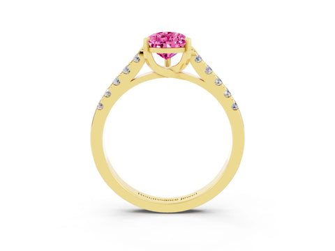 Yellow gold {shape_name} Pink Sapphire Solitaire Ring with Pavé Band and Four-Prong Setting_3