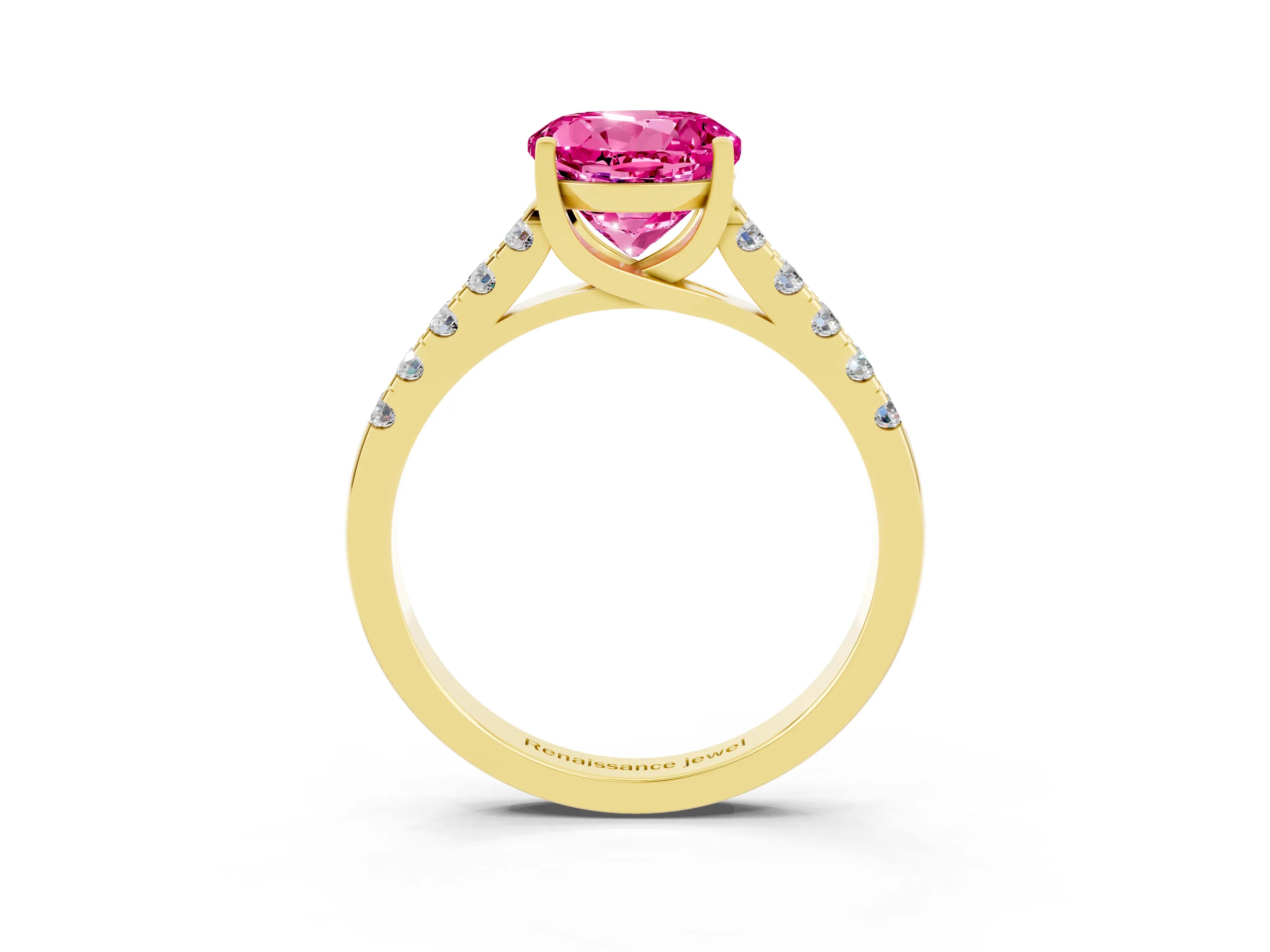Yellow gold {shape_name} Pink Sapphire Solitaire Ring with Pavé Band and Four-Prong Setting_3