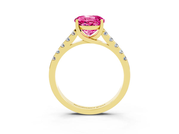 Yellow gold Round Cut Pink Sapphire Pavé Band Solitaire Ring with Prong Setting