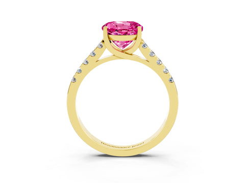 Yellow gold {shape_name} Pink Sapphire Solitaire Ring with Pavé Band and Four-Prong Setting_3