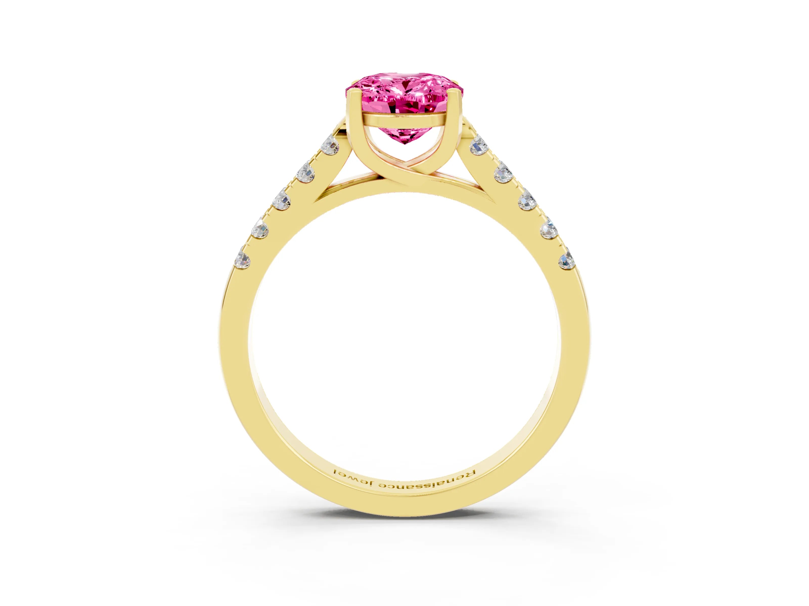 Yellow gold {shape_name} Pink Sapphire Solitaire Ring with Pavé Band and Four-Prong Setting_3