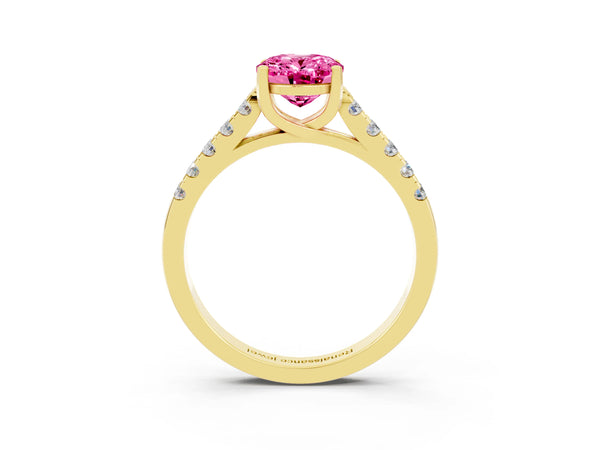 Yellow gold Oval Cut Pink Sapphire Pavé Band Solitaire Ring with Prong Setting