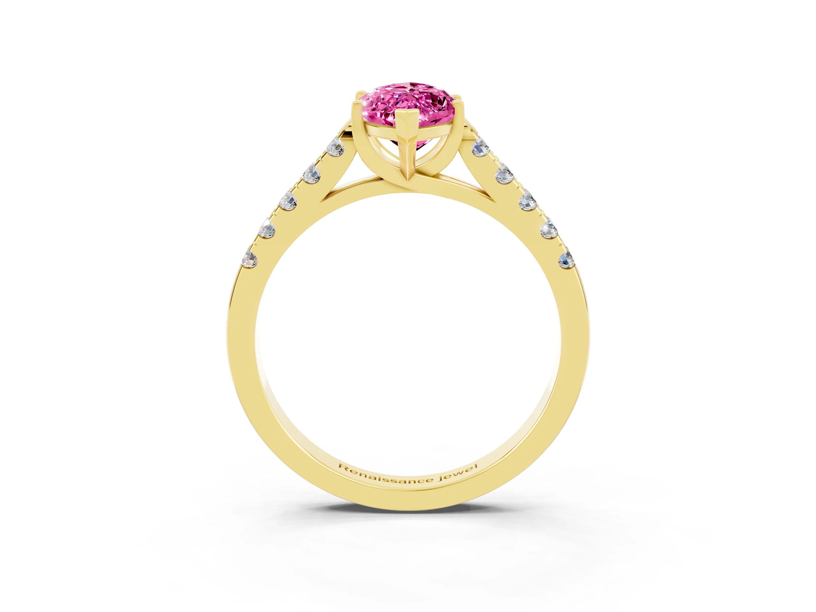 Yellow gold {shape_name} Pink Sapphire Solitaire Ring with Pavé Band and Four-Prong Setting_3