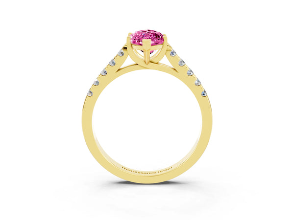 Yellow gold Marquise Cut Pink Sapphire Pavé Band Solitaire Ring with Prong Setting