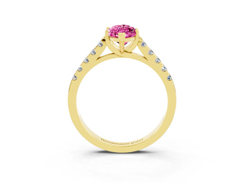 Yellow gold {shape_name} Pink Sapphire Solitaire Ring with Pavé Band and Four-Prong Setting_3
