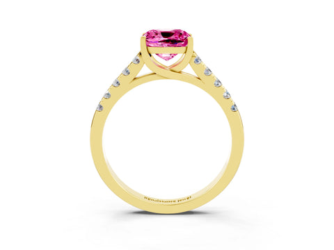 Yellow gold {shape_name} Pink Sapphire Solitaire Ring with Pavé Band and Four-Prong Setting_3