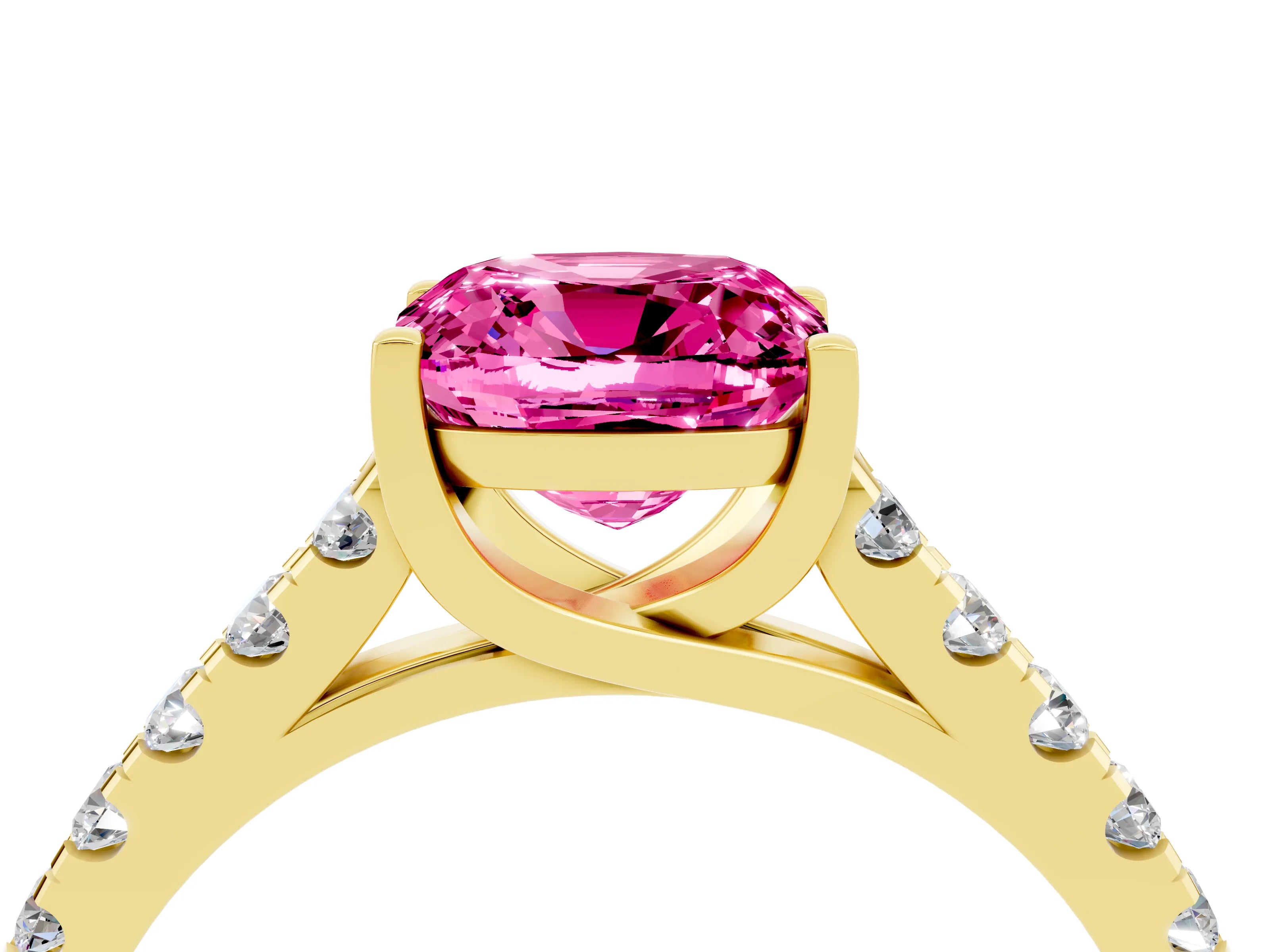 Yellow gold {shape_name} Pink Sapphire Solitaire Ring with Pavé Band and Four-Prong Setting_4