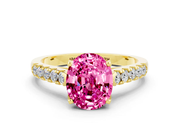 Yellow gold Oval Cut Pink Sapphire Pavé Band Solitaire Ring with Prong Setting