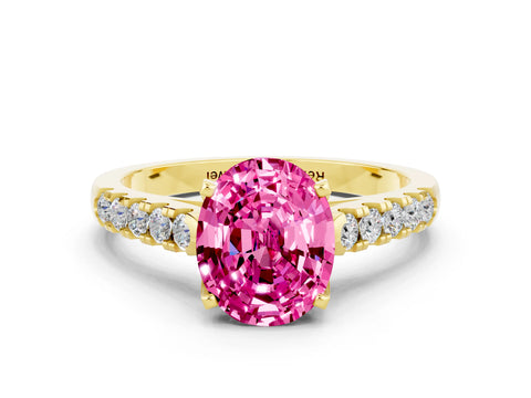 Yellow gold {shape_name} Pink Sapphire Solitaire Ring with Pavé Band and Four-Prong Setting