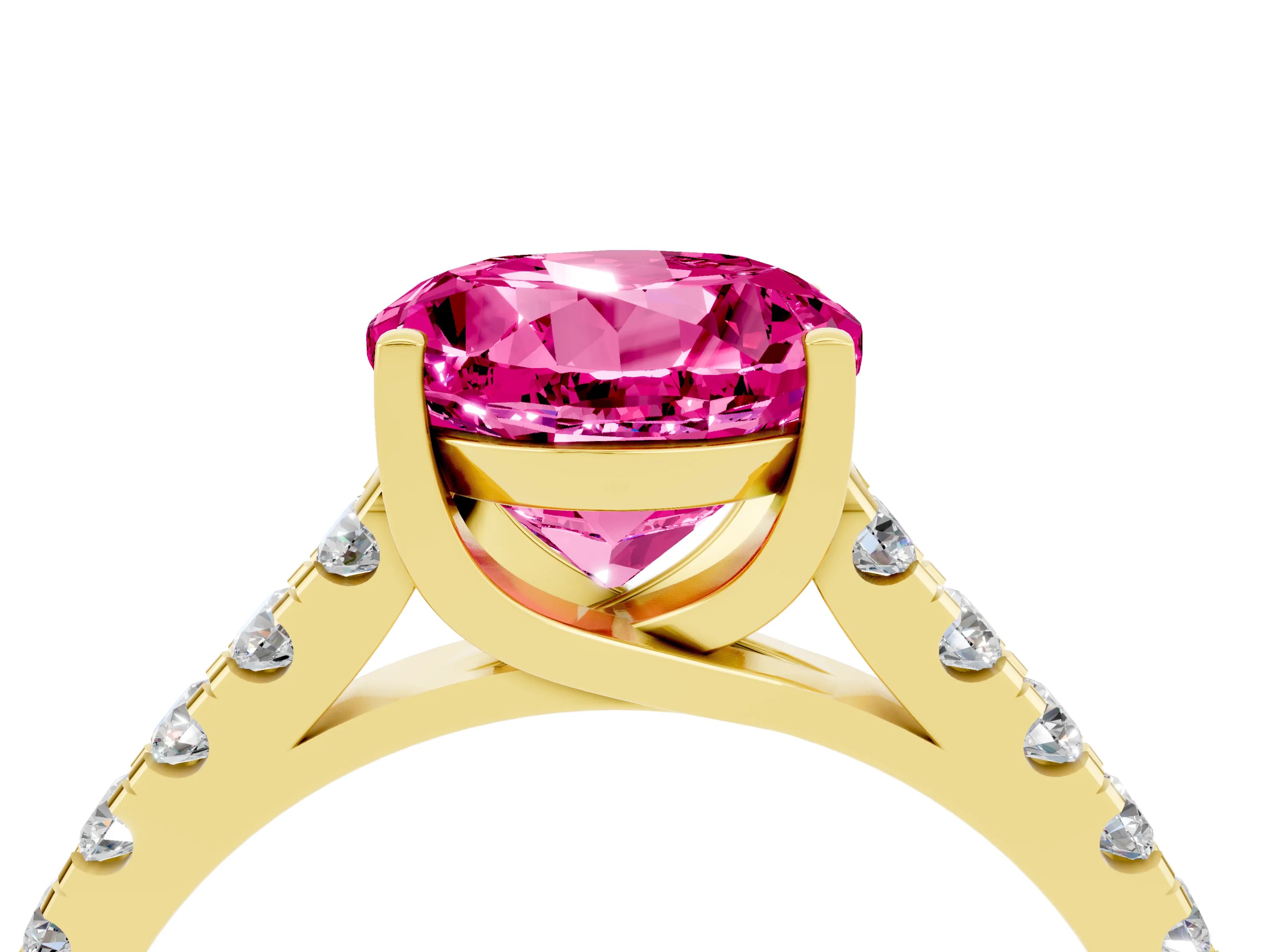 Yellow gold {shape_name} Pink Sapphire Solitaire Ring with Pavé Band and Four-Prong Setting_4