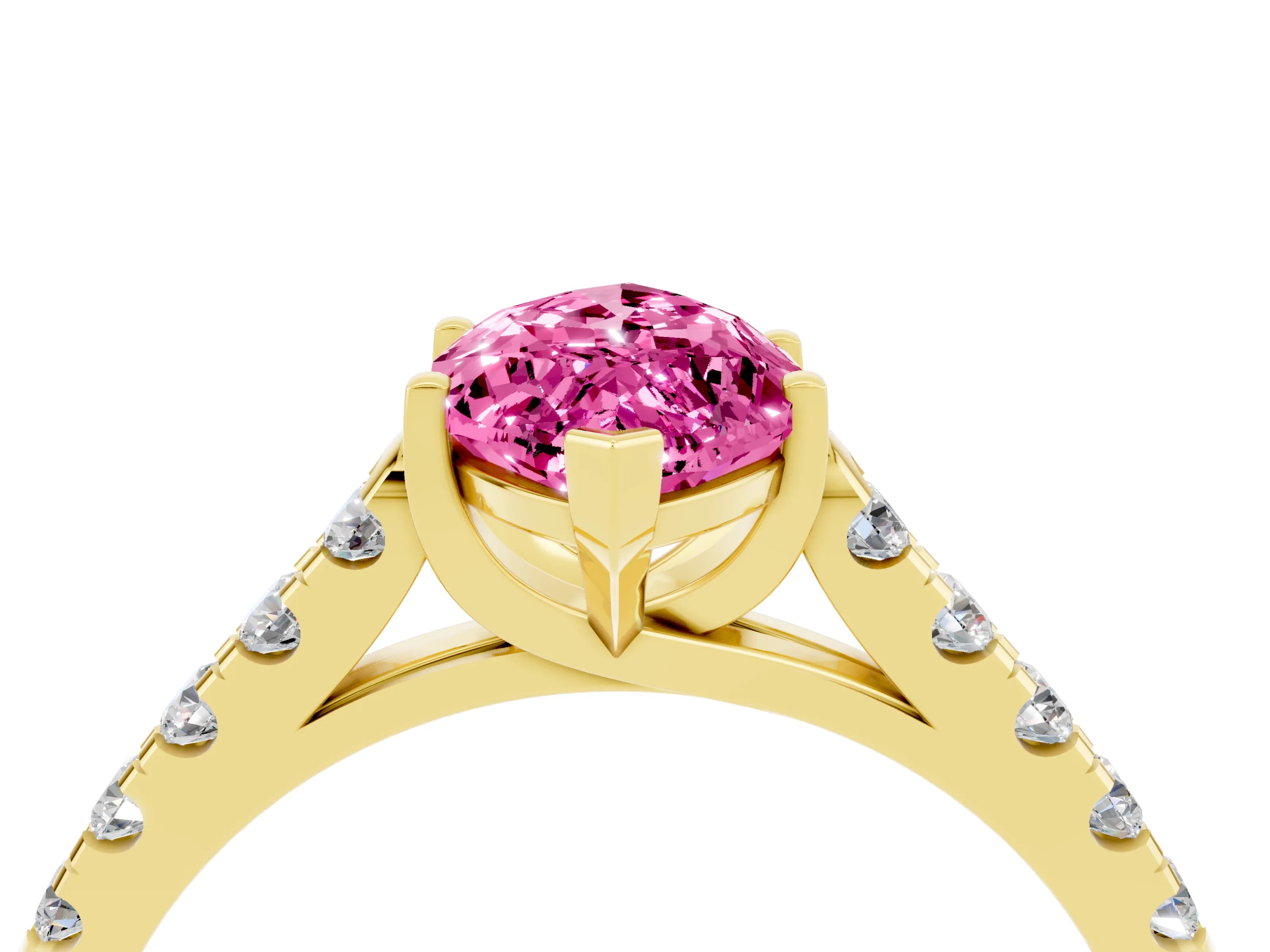 Yellow gold {shape_name} Pink Sapphire Solitaire Ring with Pavé Band and Four-Prong Setting_4
