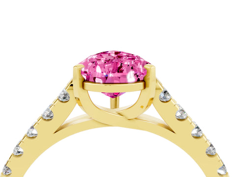 Yellow gold {shape_name} Pink Sapphire Solitaire Ring with Pavé Band and Four-Prong Setting_4
