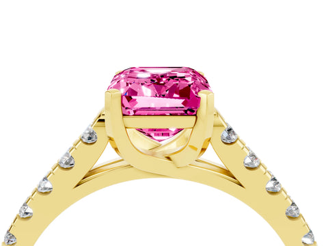 Yellow gold {shape_name} Pink Sapphire Solitaire Ring with Pavé Band and Four-Prong Setting_4