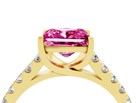 Yellow gold {shape_name} Pink Sapphire Solitaire Ring with Pavé Band and Four-Prong Setting_4