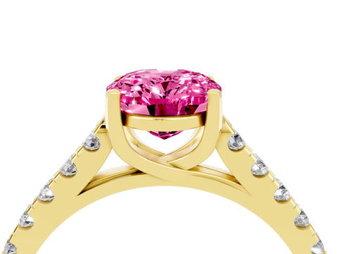 Yellow gold {shape_name} Pink Sapphire Solitaire Ring with Pavé Band and Four-Prong Setting_4