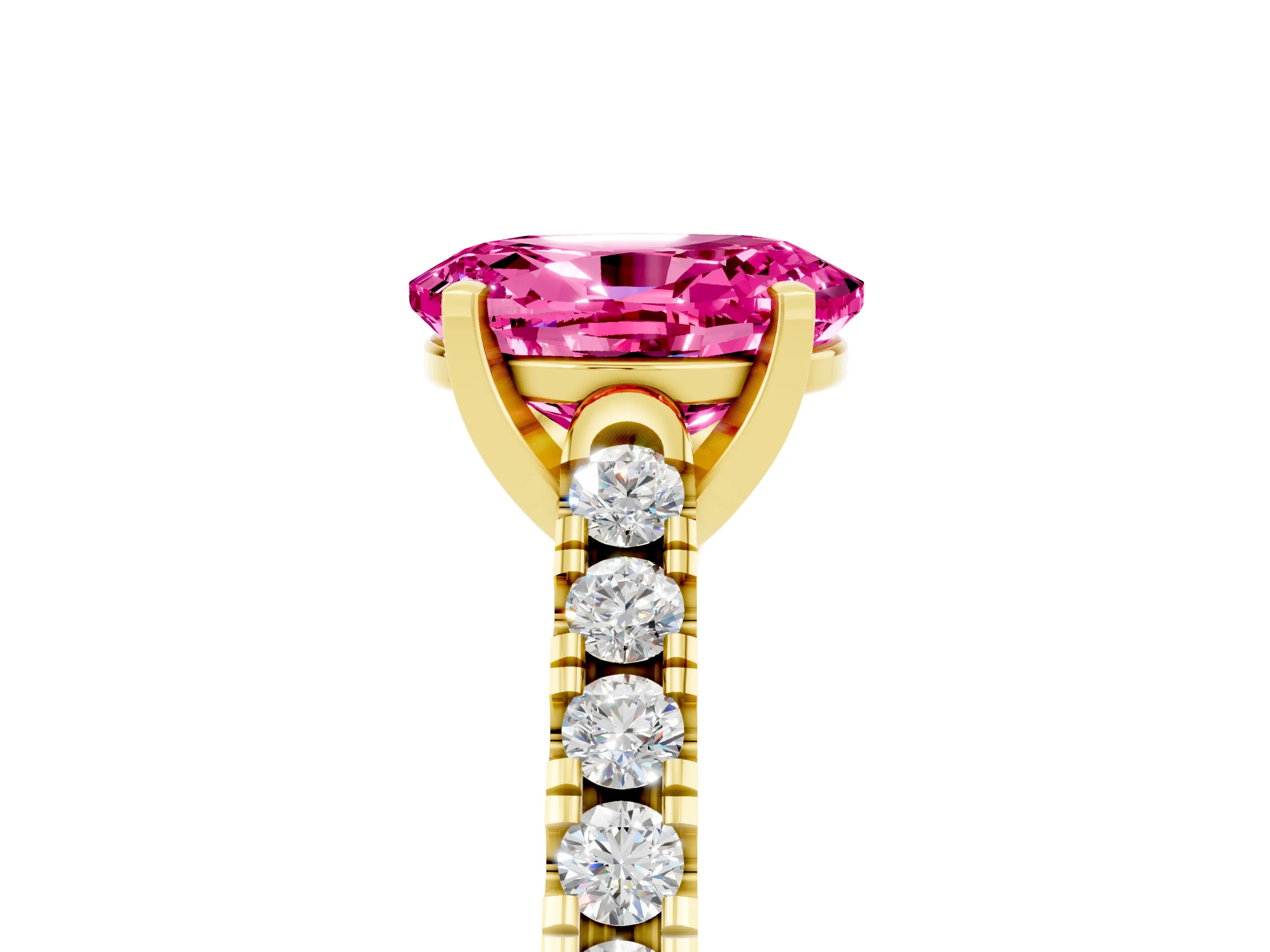 Yellow gold {shape_name} Pink Sapphire Solitaire Ring with Pavé Band and Four-Prong Setting_5
