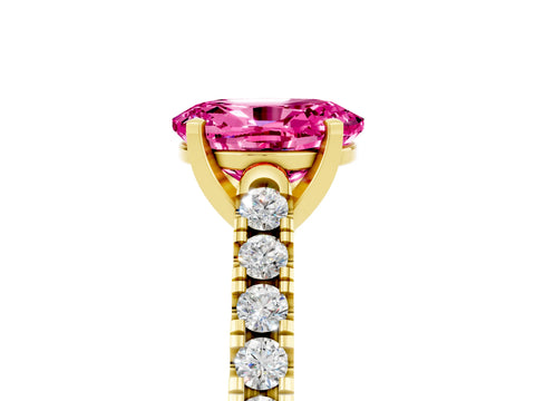 Yellow gold {shape_name} Pink Sapphire Solitaire Ring with Pavé Band and Four-Prong Setting_5