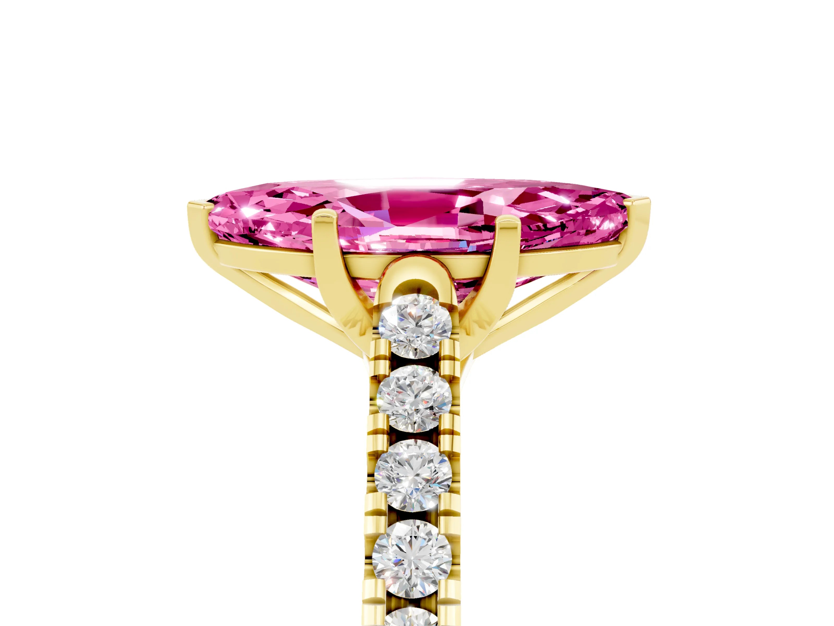 Yellow gold {shape_name} Pink Sapphire Solitaire Ring with Pavé Band and Four-Prong Setting_5