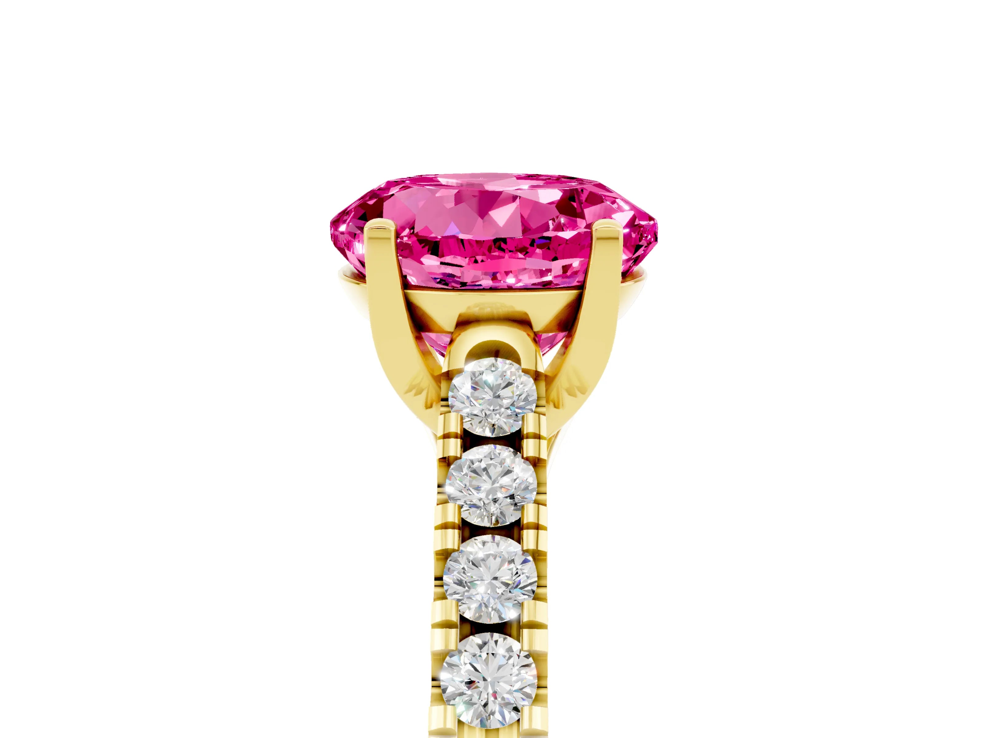 Yellow gold {shape_name} Pink Sapphire Solitaire Ring with Pavé Band and Four-Prong Setting_5