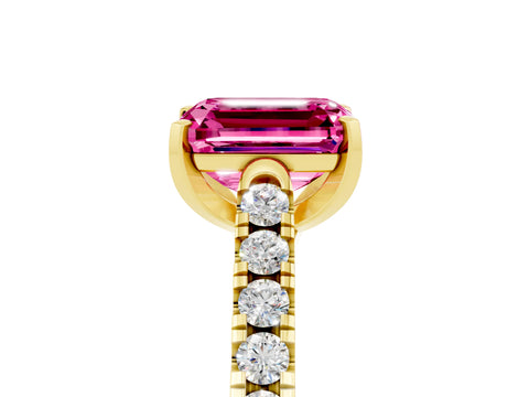 Yellow gold {shape_name} Pink Sapphire Solitaire Ring with Pavé Band and Four-Prong Setting_5