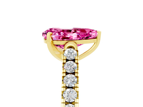 Yellow gold {shape_name} Pink Sapphire Solitaire Ring with Pavé Band and Four-Prong Setting_5