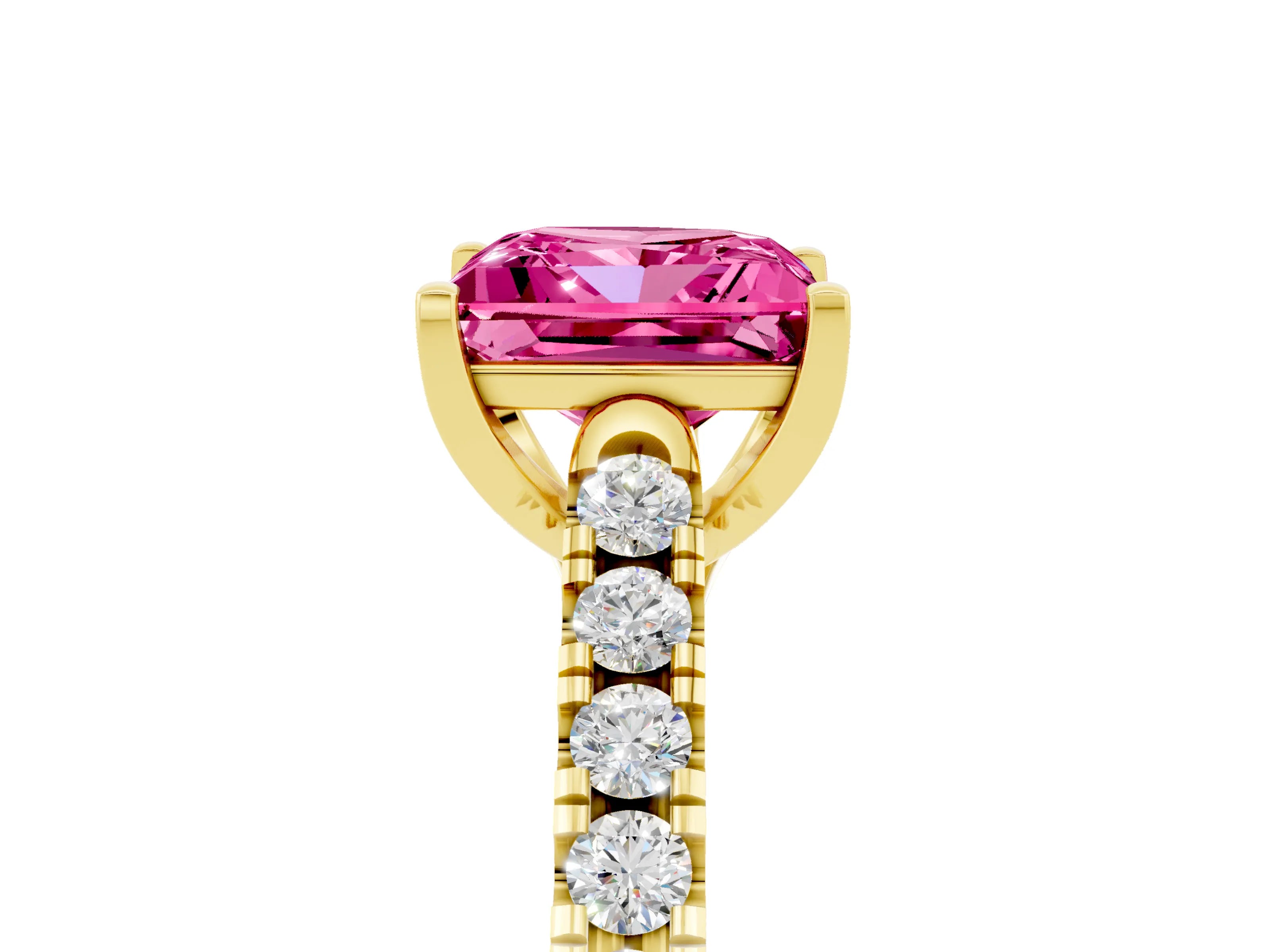 Yellow gold {shape_name} Pink Sapphire Solitaire Ring with Pavé Band and Four-Prong Setting_5