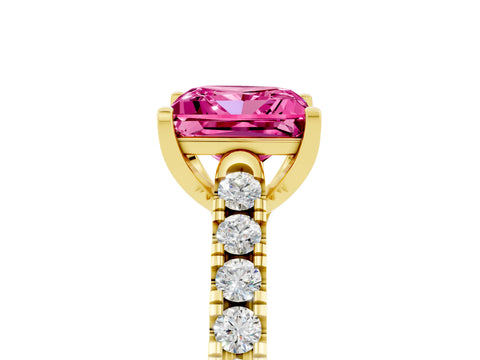 Yellow gold {shape_name} Pink Sapphire Solitaire Ring with Pavé Band and Four-Prong Setting_5