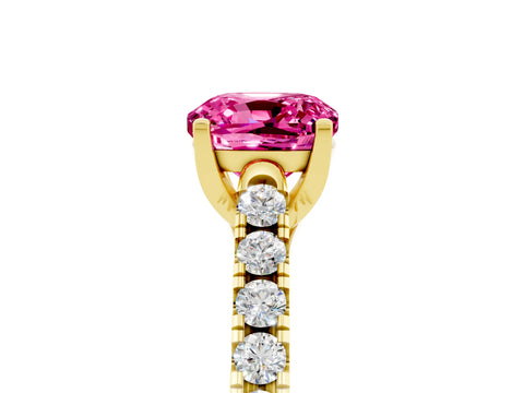 Yellow gold {shape_name} Pink Sapphire Solitaire Ring with Pavé Band and Four-Prong Setting_5
