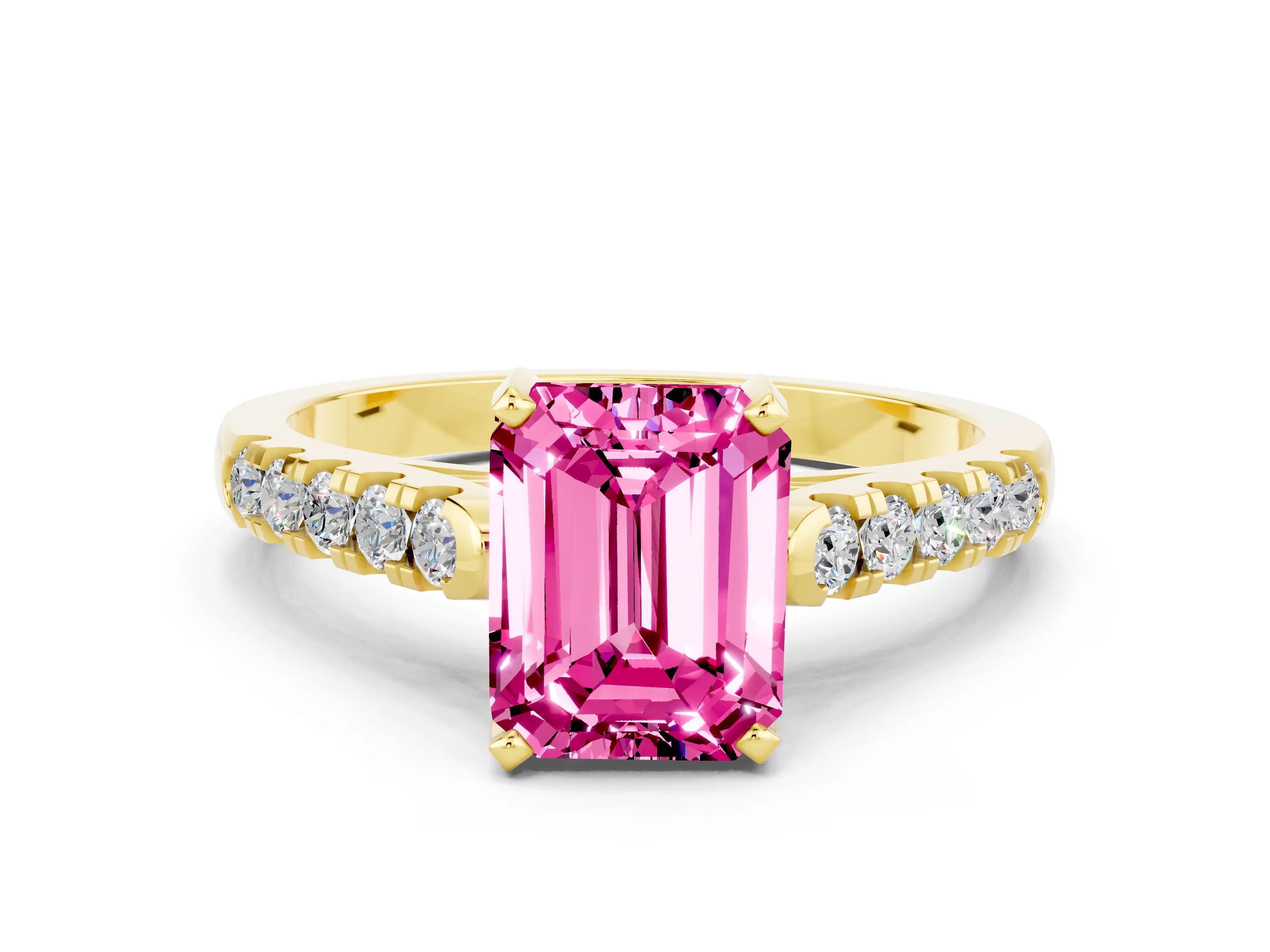 Yellow gold {shape_name} Pink Sapphire Solitaire Ring with Pavé Band and Four-Prong Setting