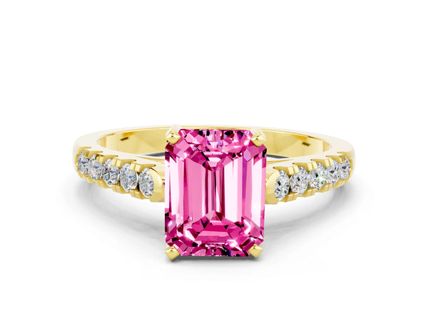 Yellow gold Emerald Cut Pink Sapphire Pavé Band Solitaire Ring with Prong Setting