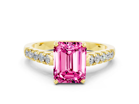 Yellow gold {shape_name} Pink Sapphire Solitaire Ring with Pavé Band and Four-Prong Setting