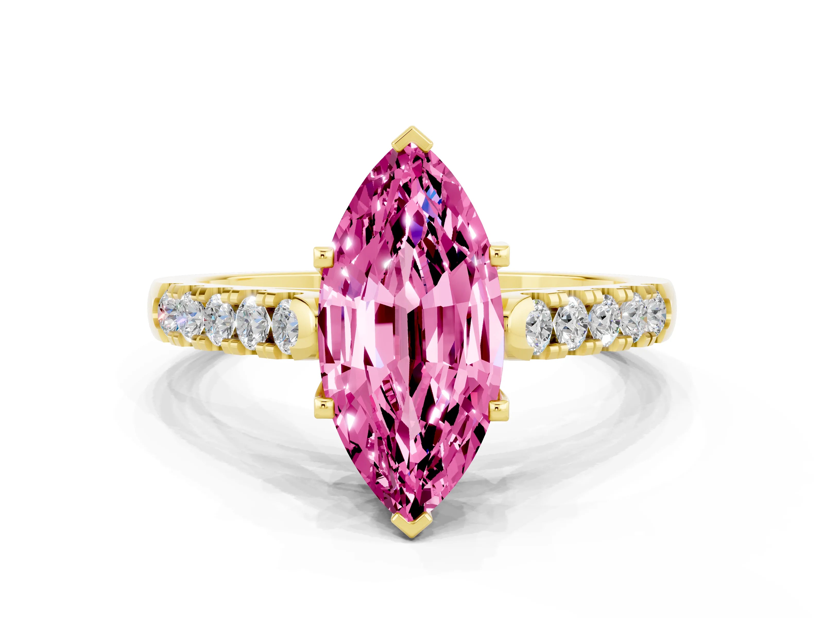 Yellow gold {shape_name} Pink Sapphire Solitaire Ring with Pavé Band and Four-Prong Setting
