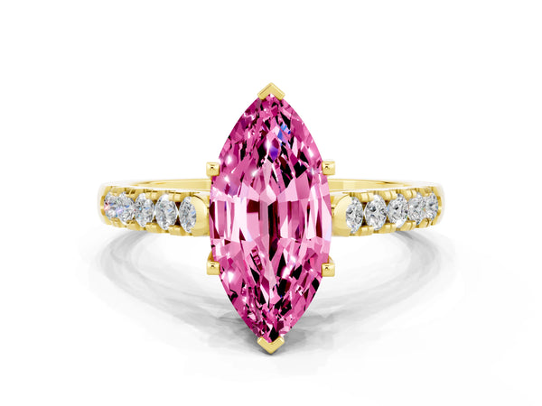 Yellow gold Marquise Cut Pink Sapphire Pavé Band Solitaire Ring with Prong Setting