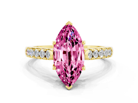 Yellow gold {shape_name} Pink Sapphire Solitaire Ring with Pavé Band and Four-Prong Setting