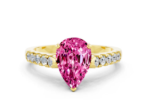 Yellow gold {shape_name} Pink Sapphire Solitaire Ring with Pavé Band and Four-Prong Setting