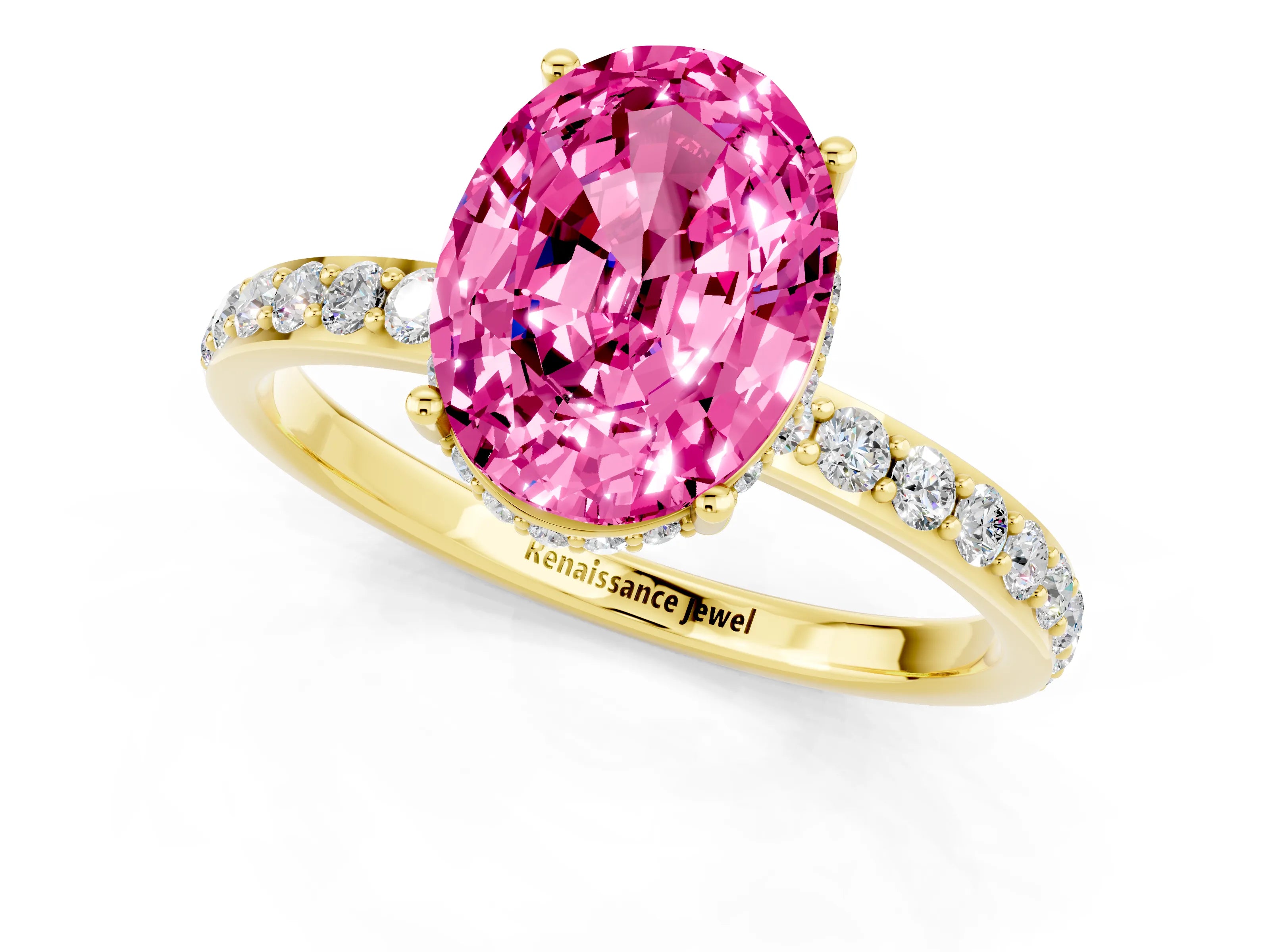 Yellow gold {shape_name} Pink Sapphire Solitaire Ring with Pavé Band and Hidden Halo_1