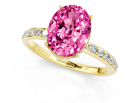 Yellow gold {shape_name} Pink Sapphire Solitaire Ring with Pavé Band and Hidden Halo_1