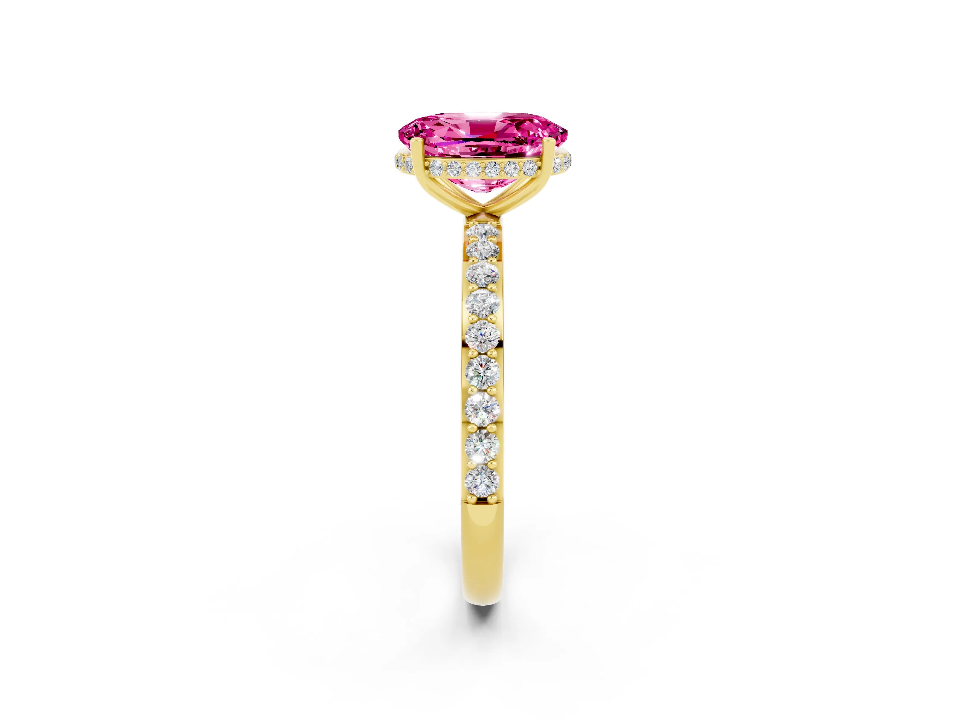 Yellow gold {shape_name} Pink Sapphire Solitaire Ring with Pavé Band and Hidden Halo_2