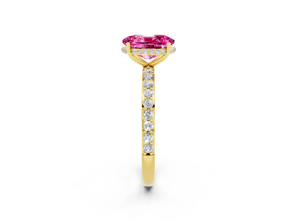 Yellow gold Oval Cut Pink Sapphire Solitaire Ring with Pavé Band and Hidden Halo