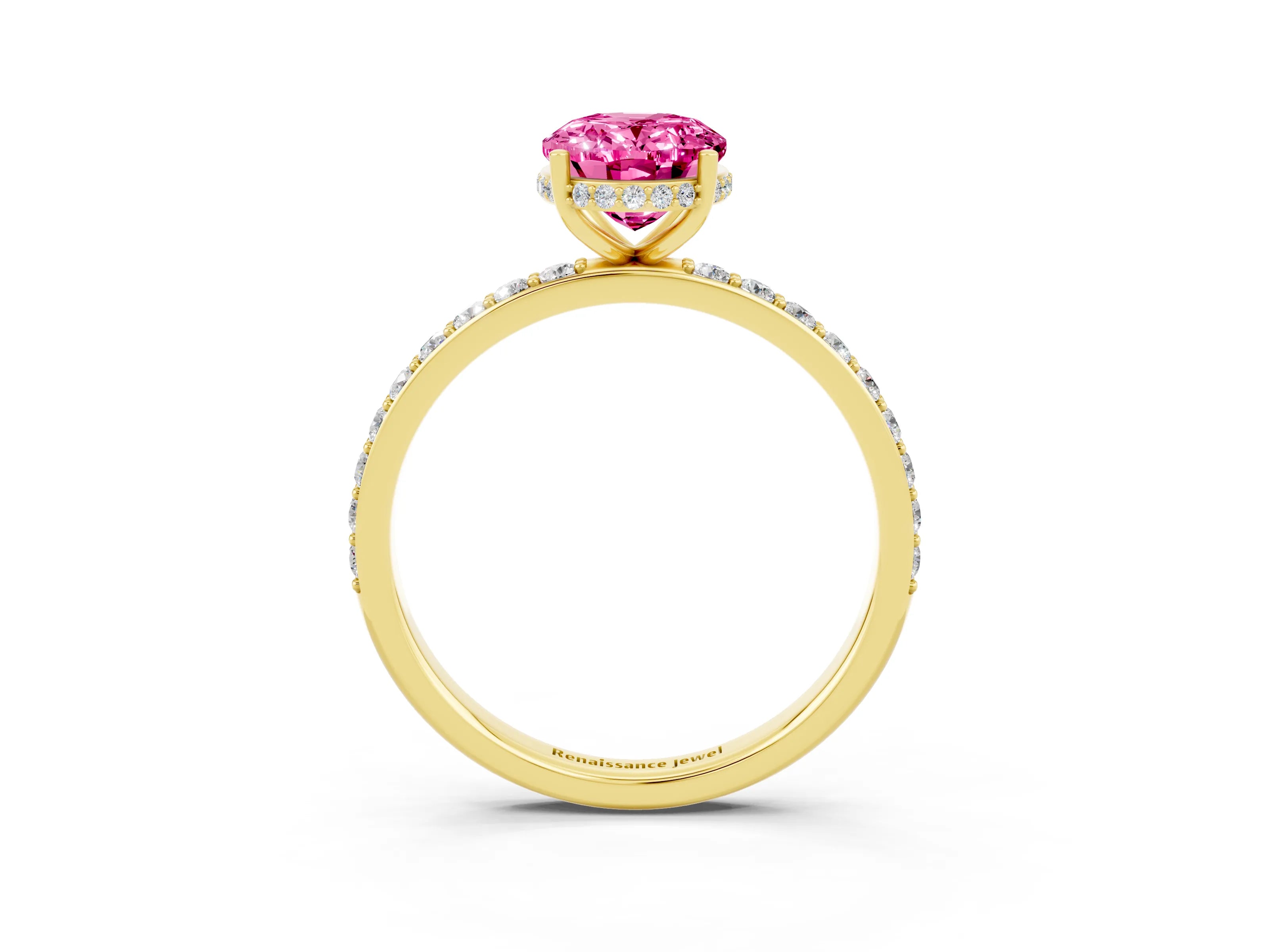 Yellow gold {shape_name} Pink Sapphire Solitaire Ring with Pavé Band and Hidden Halo_3