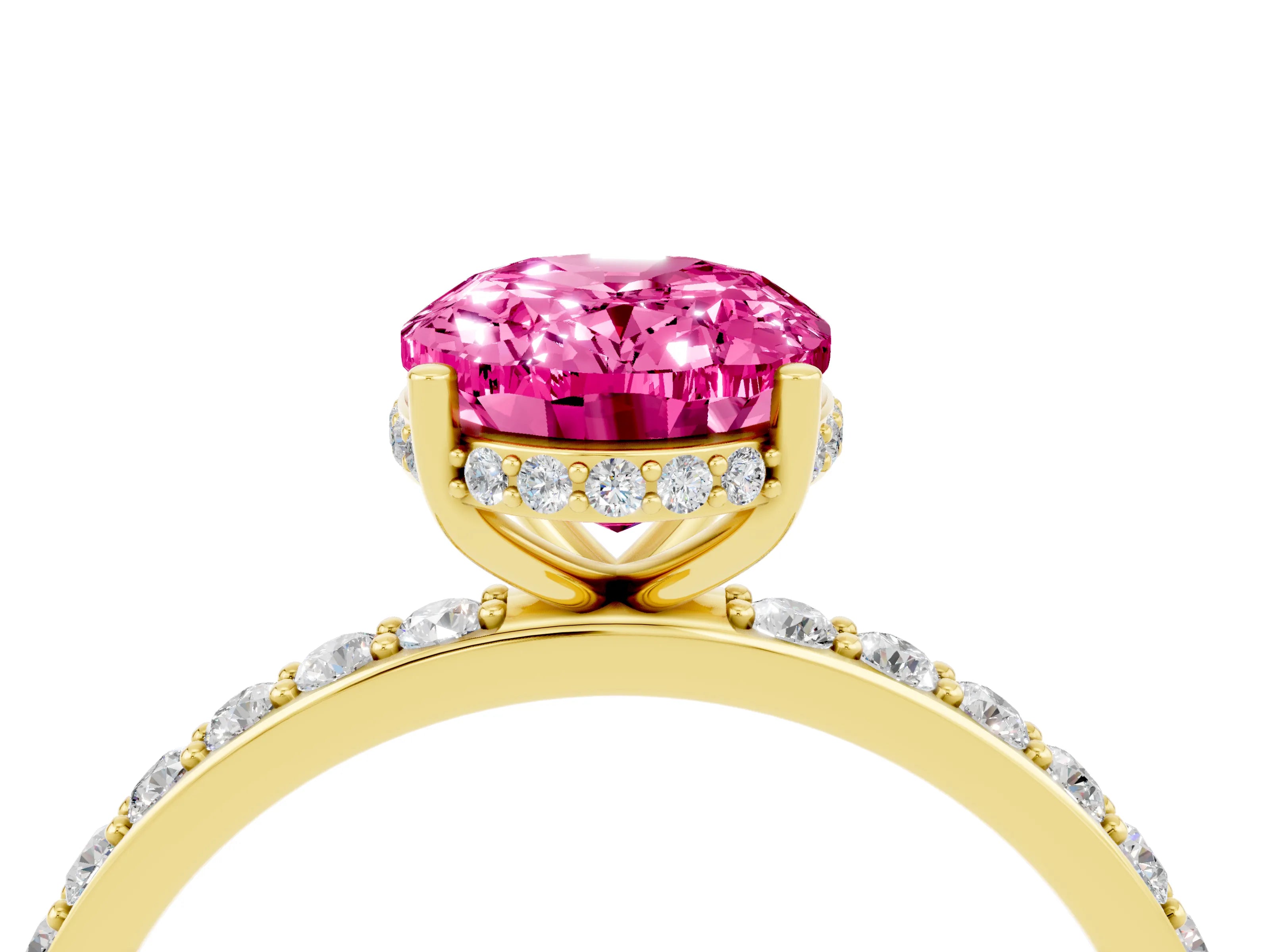 Yellow gold {shape_name} Pink Sapphire Solitaire Ring with Pavé Band and Hidden Halo_4
