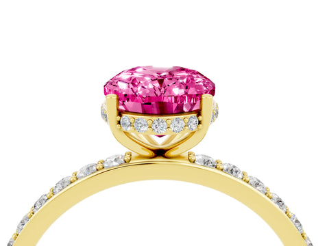 Yellow gold {shape_name} Pink Sapphire Solitaire Ring with Pavé Band and Hidden Halo_4