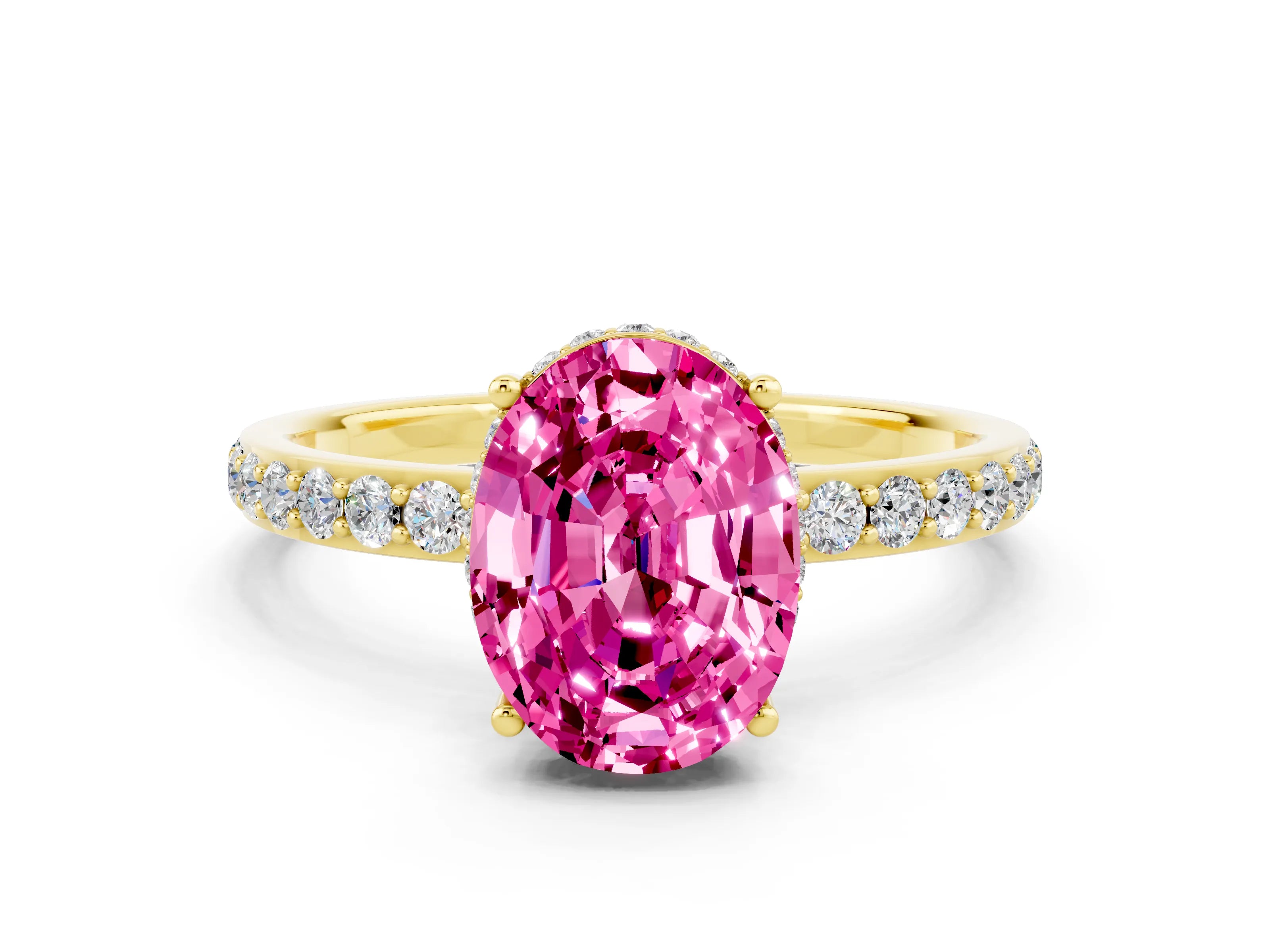 Yellow gold {shape_name} Pink Sapphire Solitaire Ring with Pavé Band and Hidden Halo