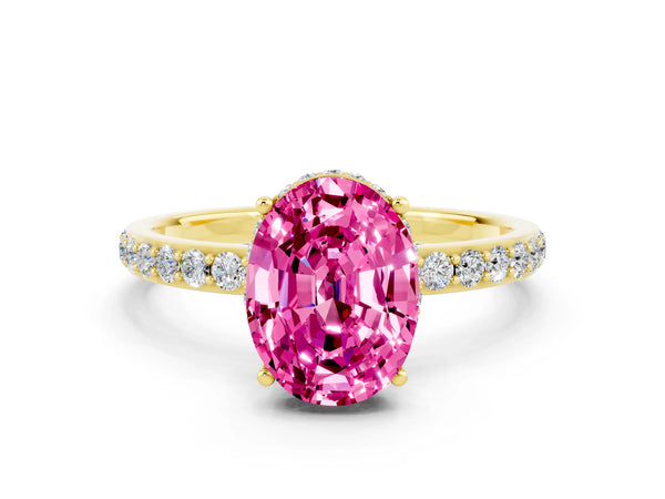 Yellow gold Oval Cut Pink Sapphire Solitaire Ring with Pavé Band and Hidden Halo