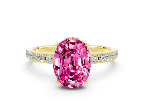 Yellow gold {shape_name} Pink Sapphire Solitaire Ring with Pavé Band and Hidden Halo