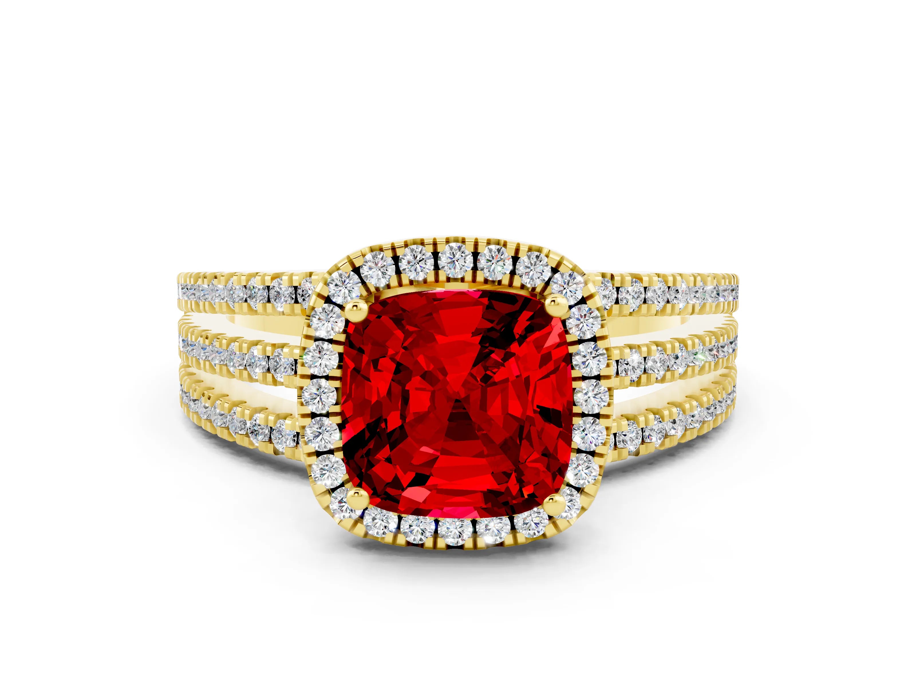 Yellow gold {shape_name} Ruby Halo Engagement Ring with Split Shank and Four-Prong Setting