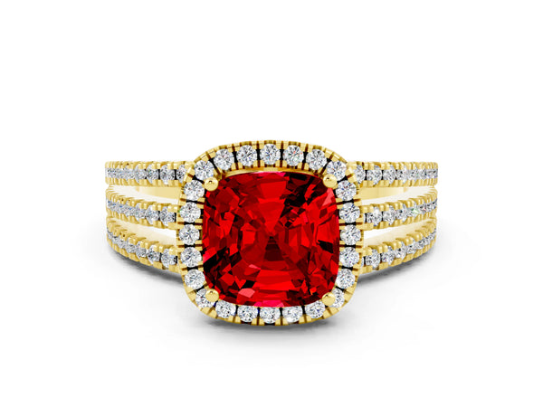 Yellow gold Cushion Cut Ruby Halo Engagement Ring with Split Shank and Four-Prong Setting