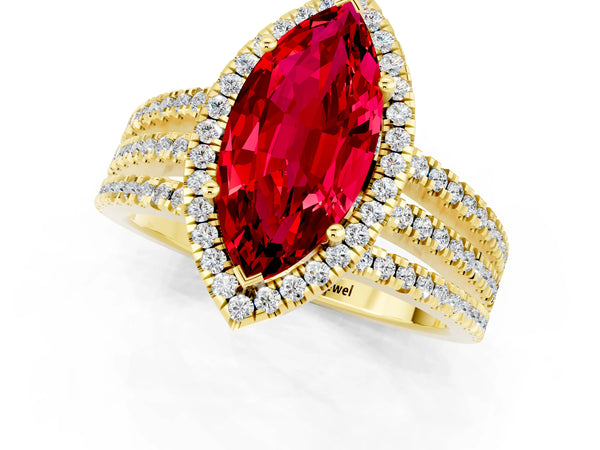 Yellow gold Marquise Cut Ruby Halo Engagement Ring with Split Shank and Four-Prong Setting