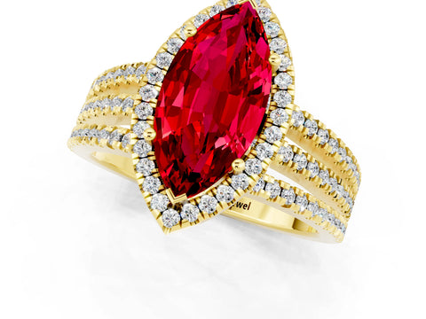 Yellow gold {shape_name} Ruby Halo Engagement Ring with Split Shank and Four-Prong Setting_1